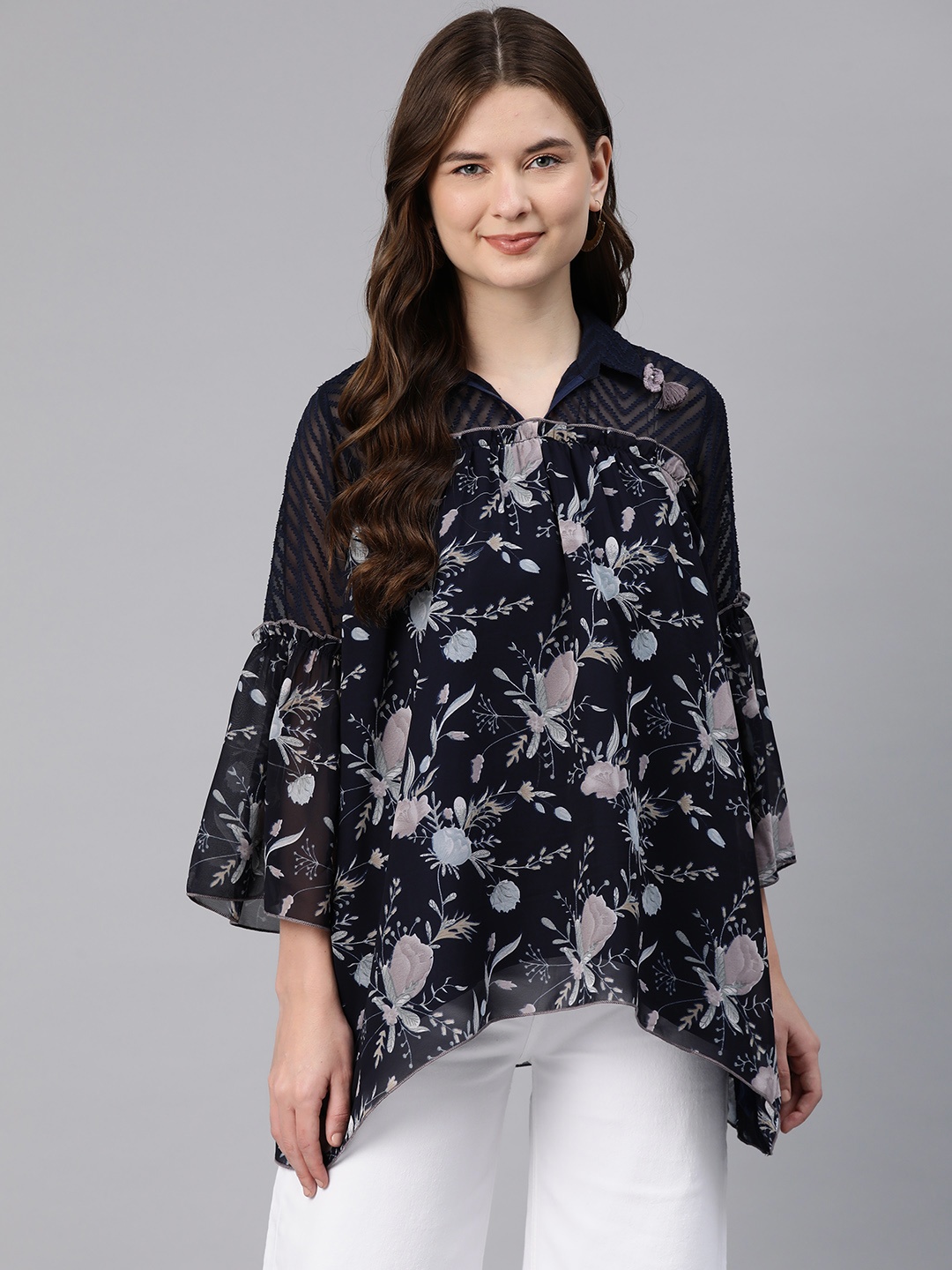 

Nayam By Lakshita Floral Print Flared Sleeve Top, Navy blue