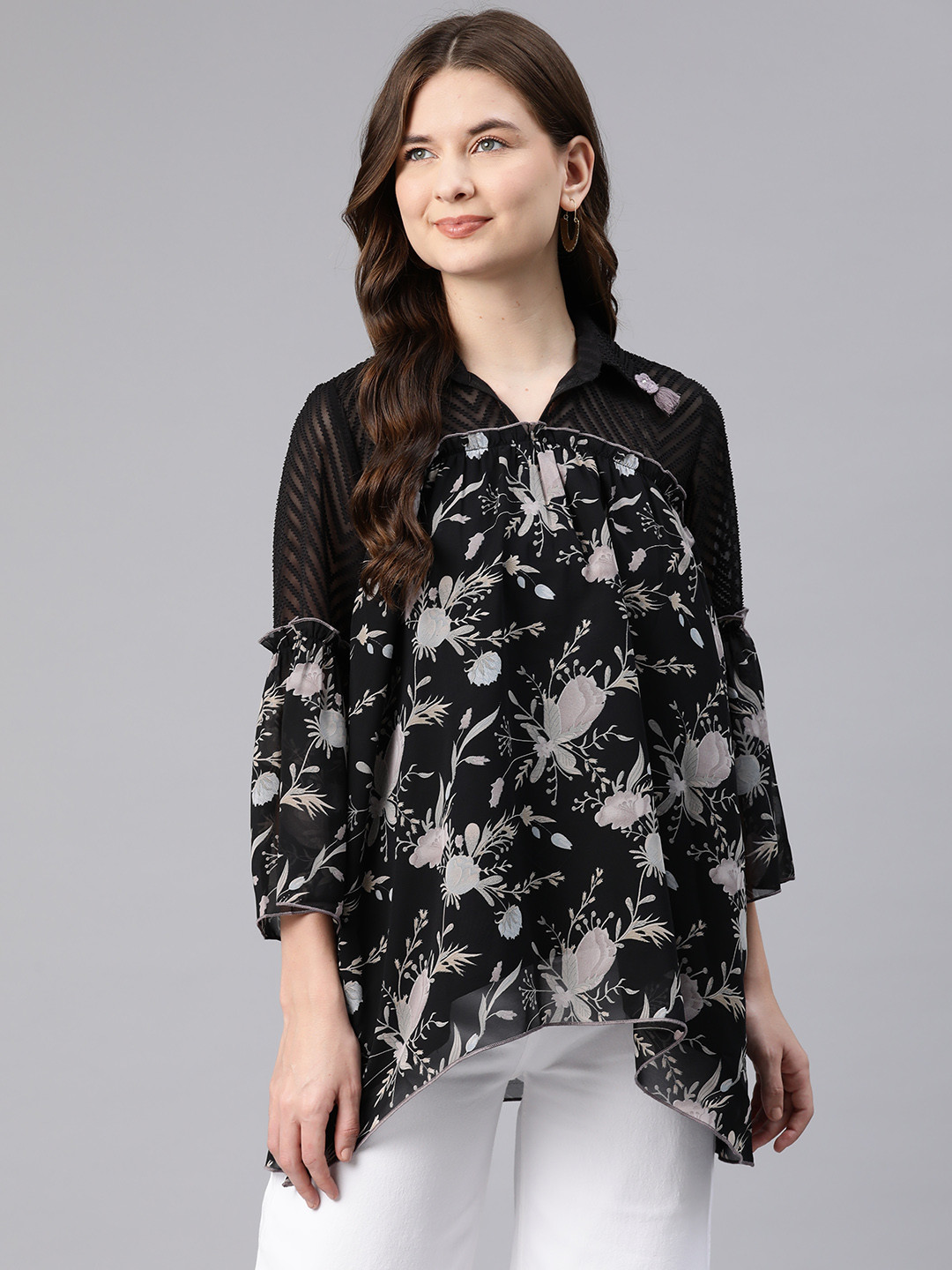 

Nayam By Lakshita Floral Print Flared Sleeve Georgette Top, Black