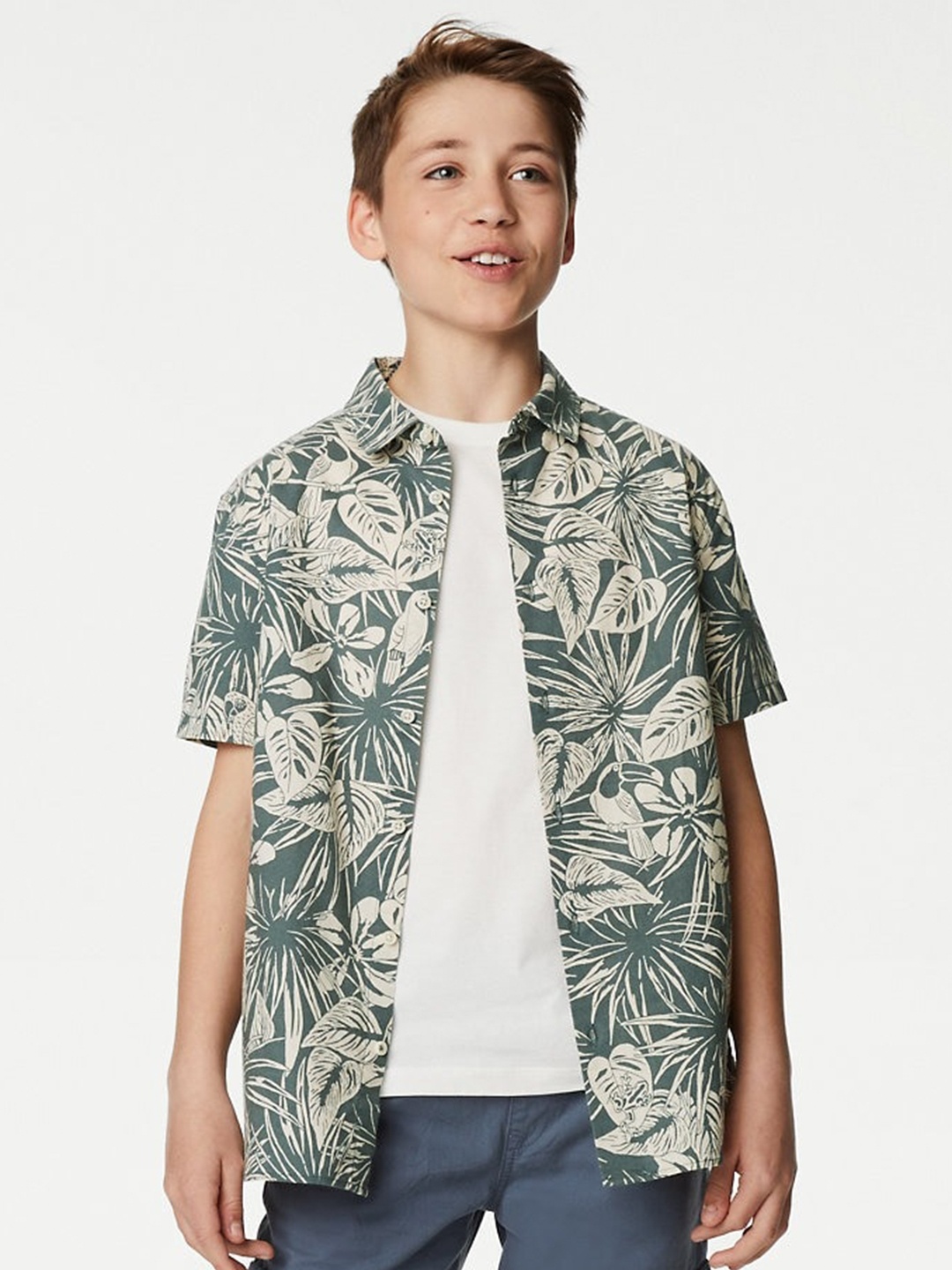 

Marks & Spencer Boys Floral Printed Spread Collar Pure Cotton Casual Shirt, Green