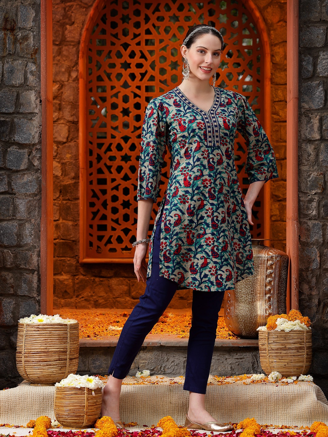 

Nayam By Lakshita Floral Printed Mirror Work Cotton Cambric Kurti, Blue