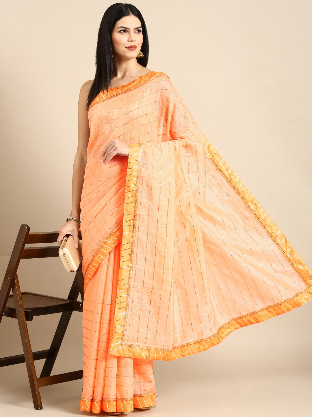 

MotiHamir Embroidered Striped Sequinned Pure Cotton Saree, Orange