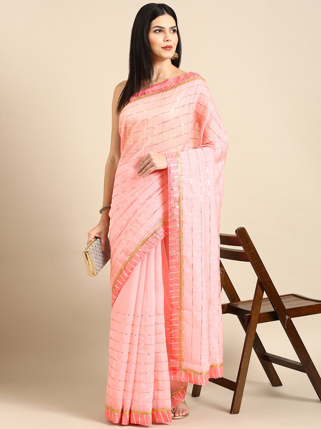 

MotiHamir Embroidered Striped Sequinned Pure Cotton Saree, Peach