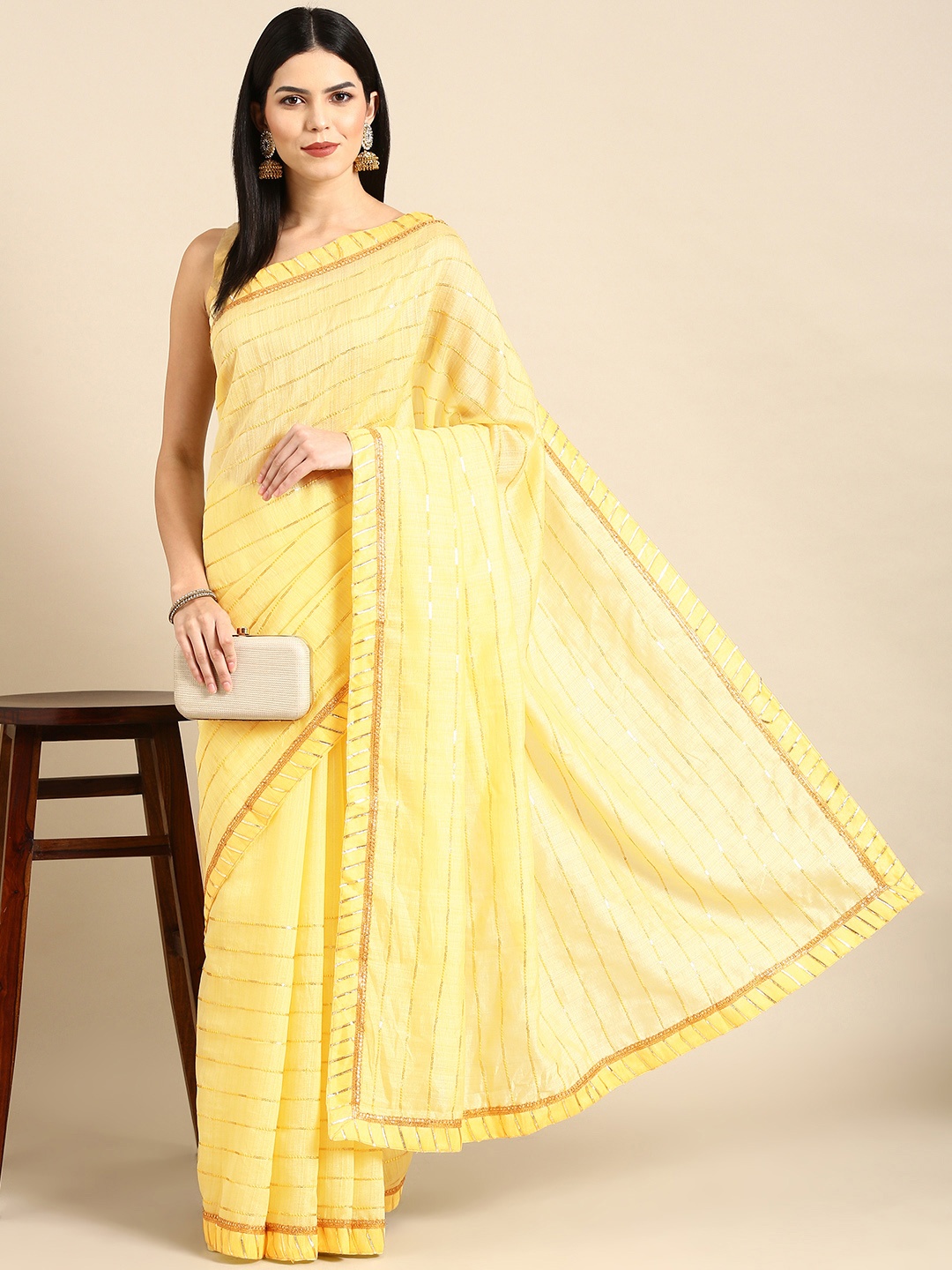 

MotiHamir Embroidered Striped Sequinned Pure Cotton Saree, Yellow