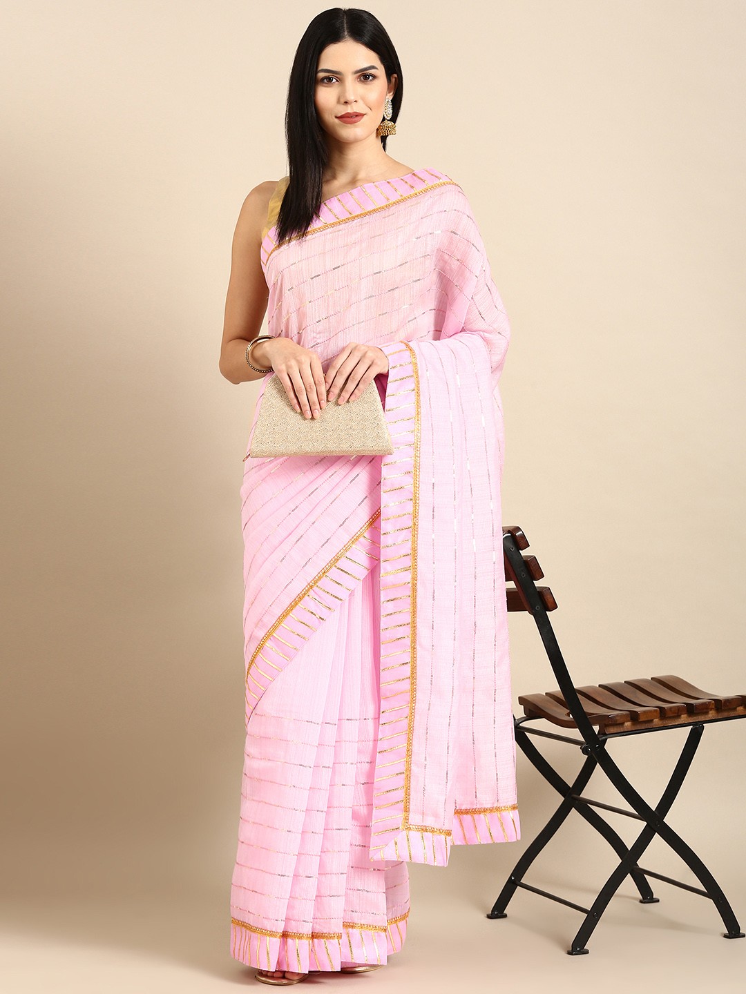 

MotiHamir Embroidered Striped Sequinned Pure Cotton Saree, Pink