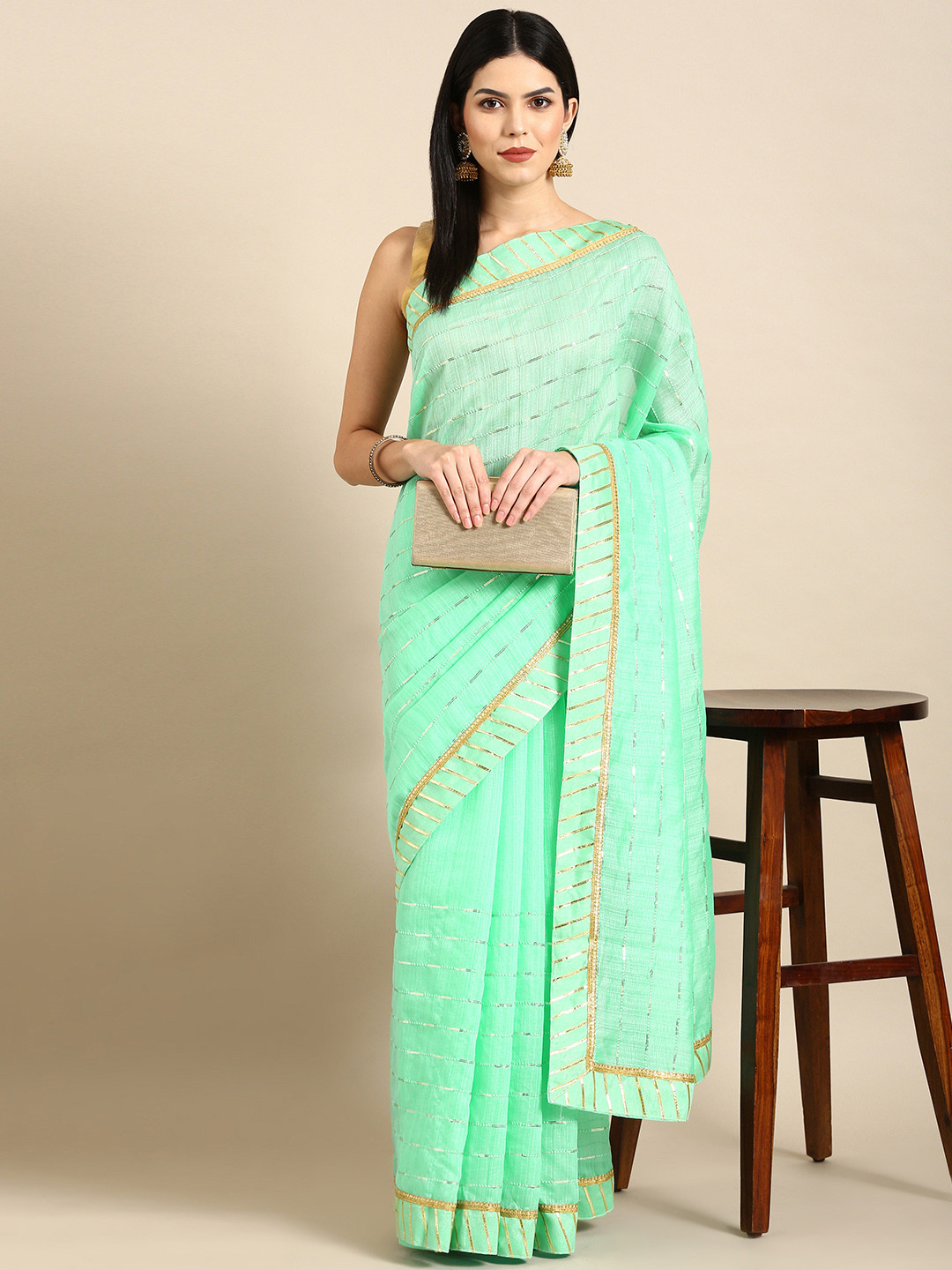 

MotiHamir Embroidered Striped Sequinned Pure Cotton Saree, Blue