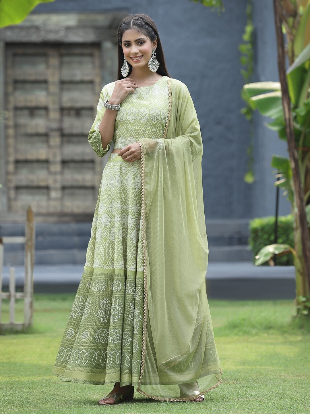 

Juniper Green & White Printed Ready to Wear Lehenga & Blouse With Dupatta