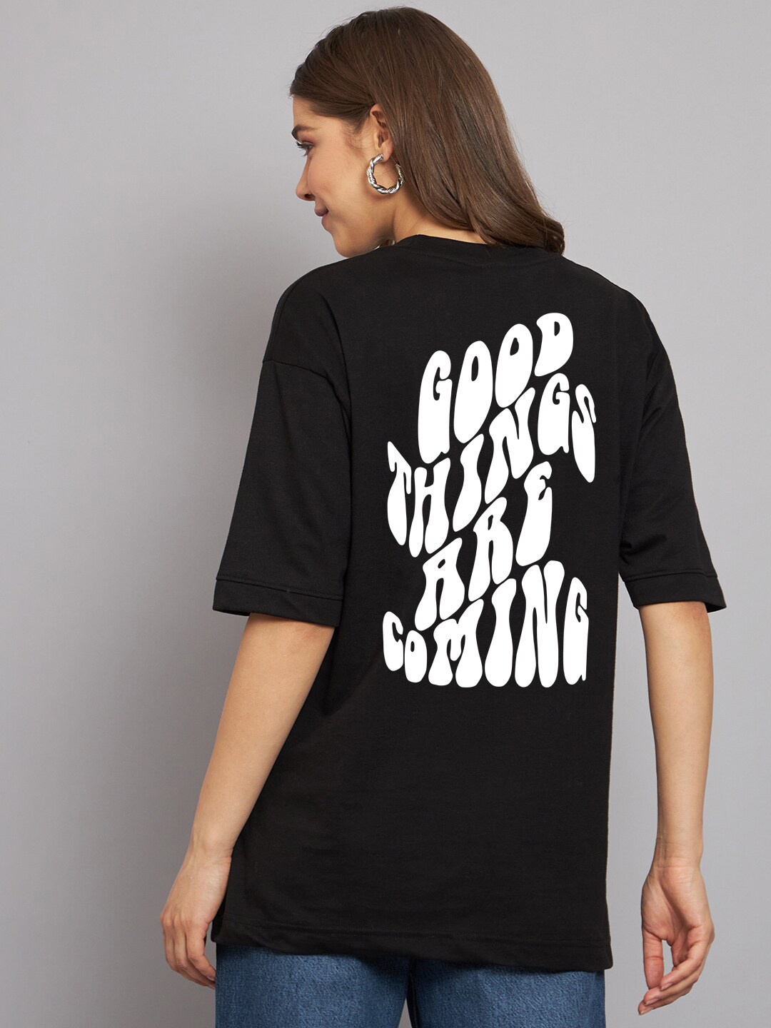 

Imsa Moda Typography Printed Monochrome Oversized Longline Cotton T-shirt, Black