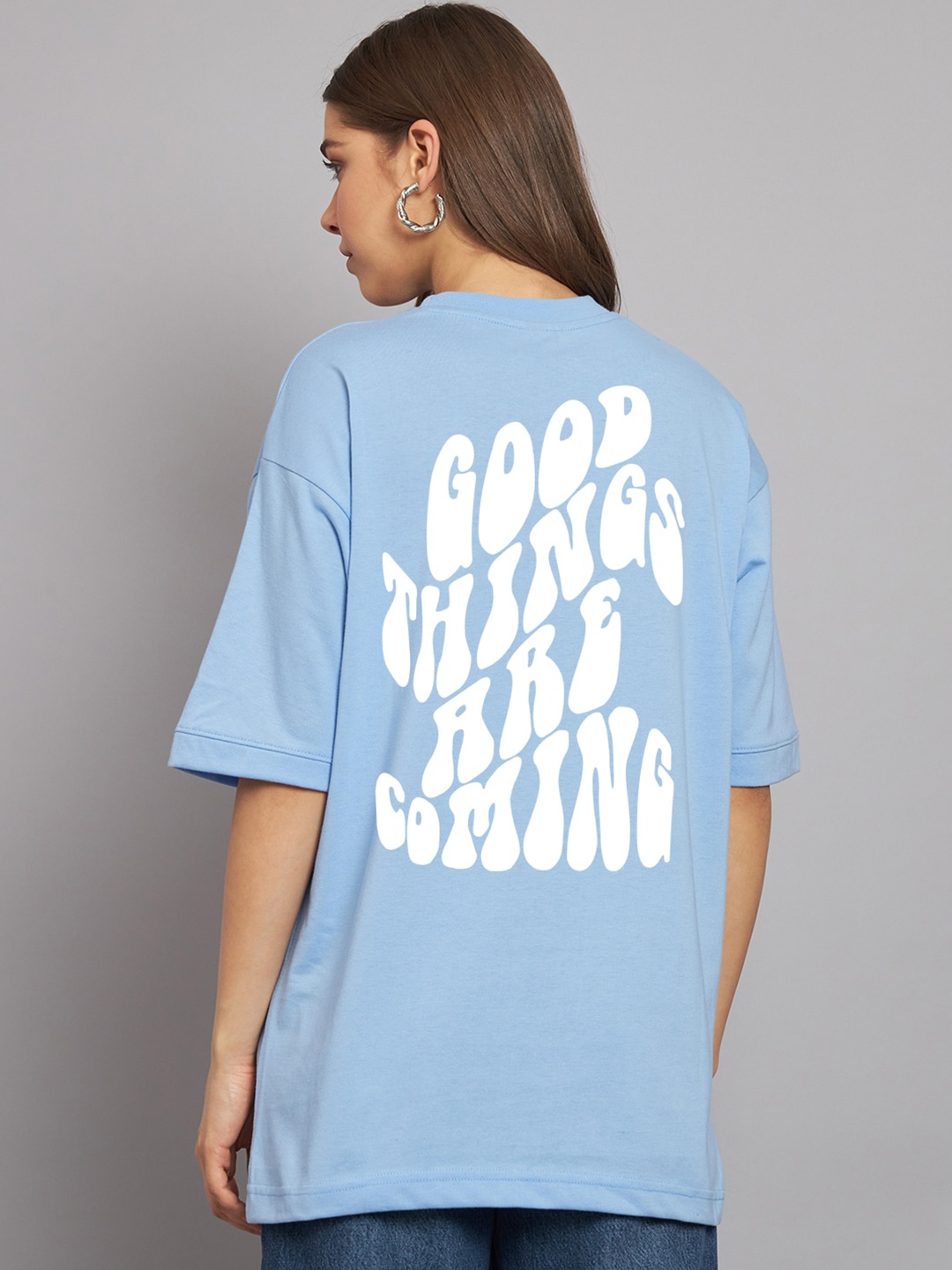 

Imsa Moda Typography Printed Round Neck Cotton Oversized T-shirt, Blue