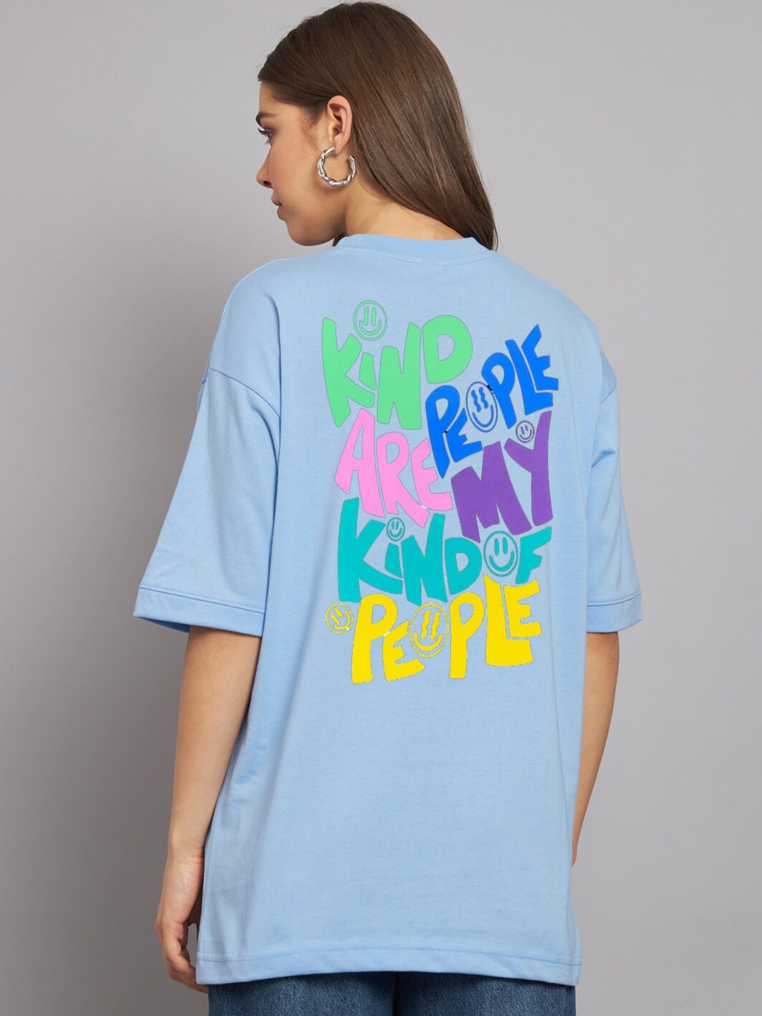 

Imsa Moda Typography Printed Drop Shoulder Cotton Oversized Longline T-shirt, Blue