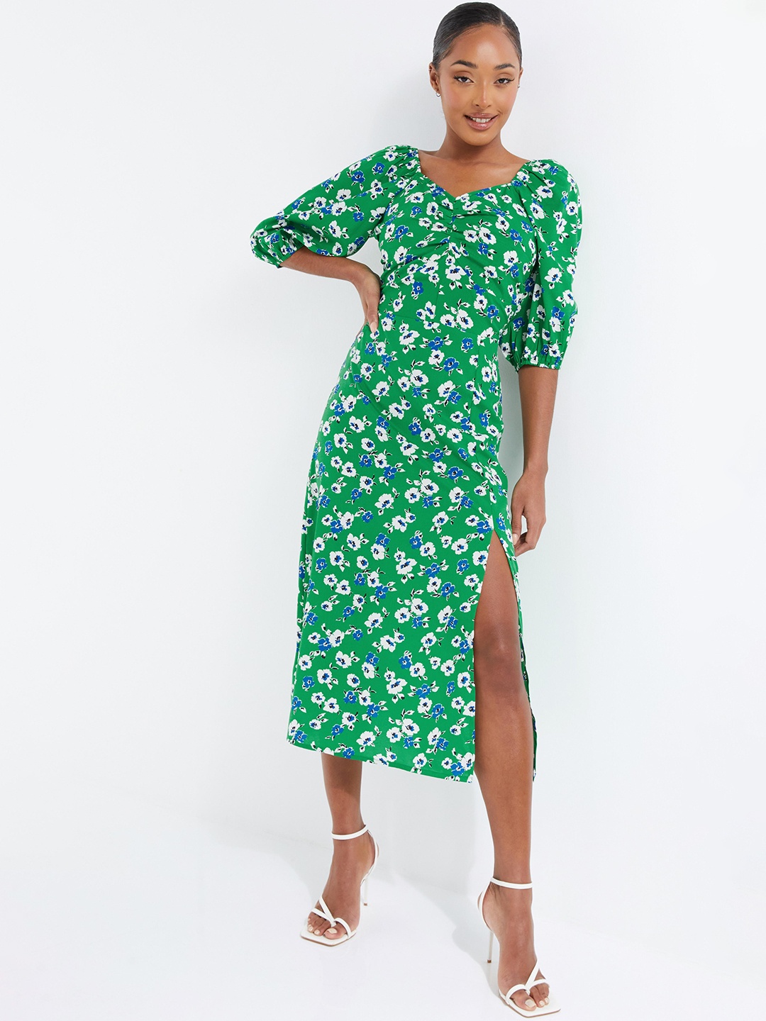 

QUIZ Floral Printed Sweetheart Neck Puff Sleeves A-Line Midi Dress, Green