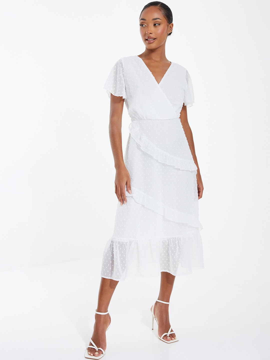 

QUIZ V-Neck Flared Sleeves Layered Detail Chiffon A-Line Dress, White