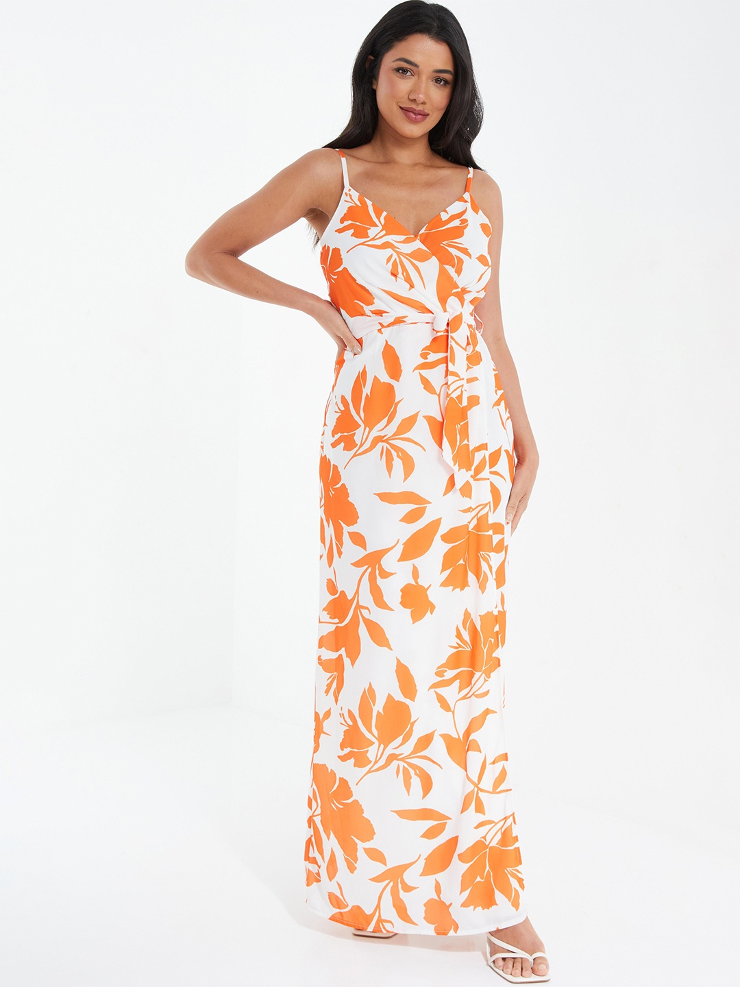 

QUIZ Floral Printed Shoulder Straps Tie-Up Detail Maxi Dress, Orange
