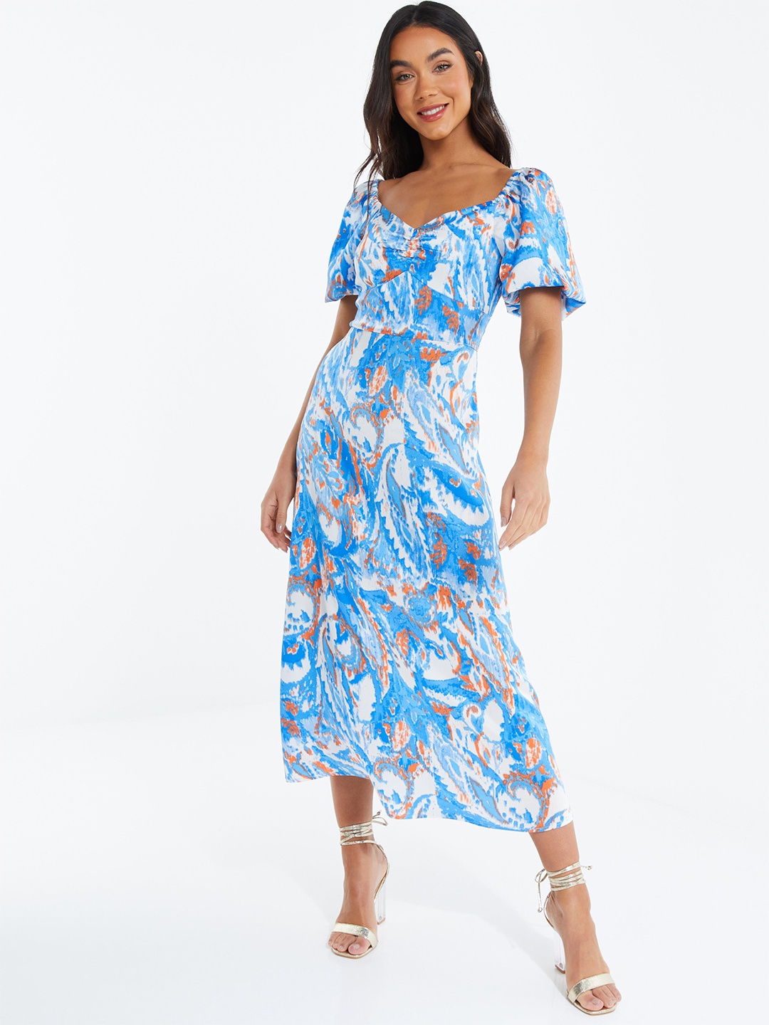 

QUIZ Floral Printed V-Neck Flared Sleeves A-Line Dress, Blue