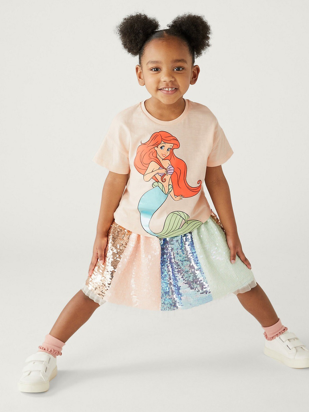 

Marks & Spencer Girls Little Mermaid Printed Round Neck Cotton T-shirt, Peach