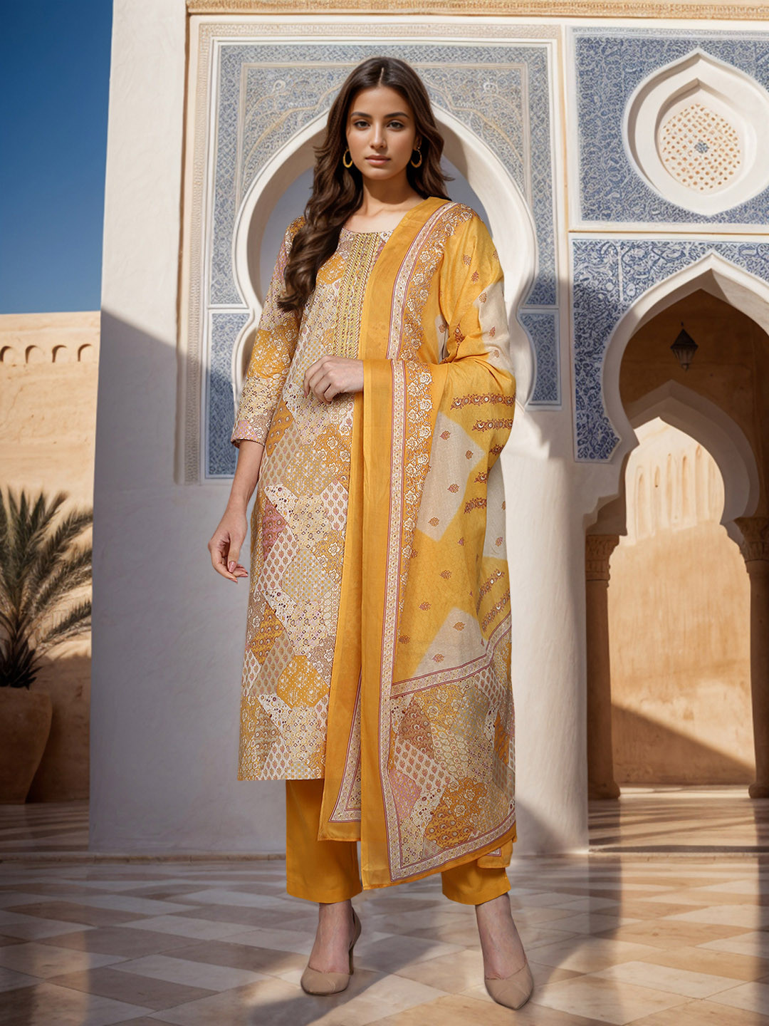 

AHIKA Mustard Yellow Ethnic Printed Thread Work Pure Cotton Kurta with Trousers & Dupatta