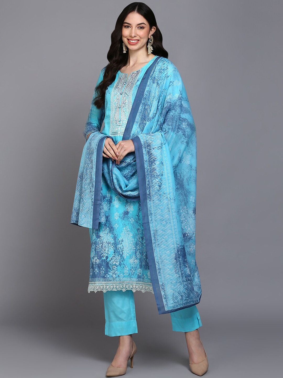 

AHIKA Blue Ethnic Printed Thread Work Pure Cotton Kurta with Trousers & Dupatta
