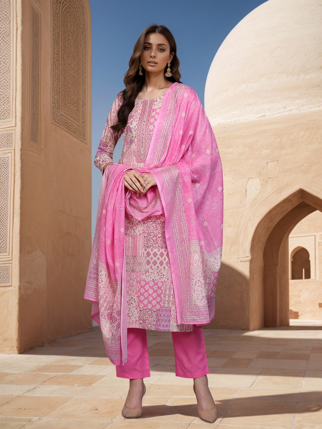 

AHIKA Pink Ethnic Printed Thread Work Pure Cotton Kurta with Trousers & Dupatta