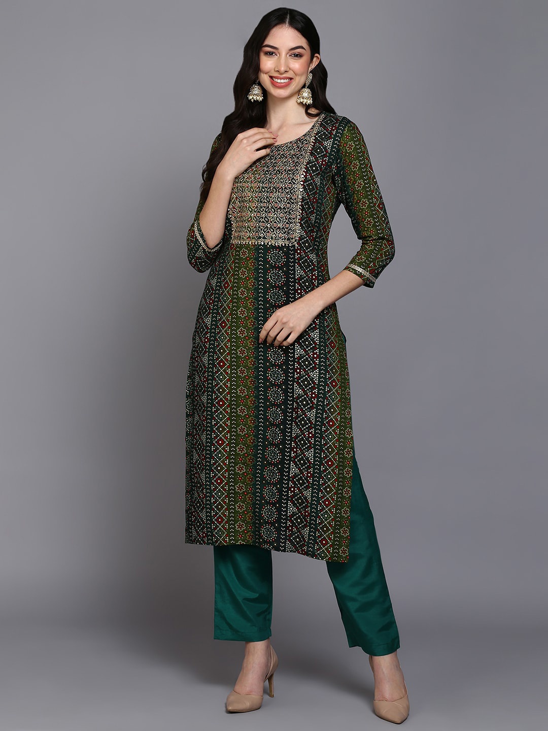 AHIKA Ethnic Motifs Printed Sequined Kurta, Green