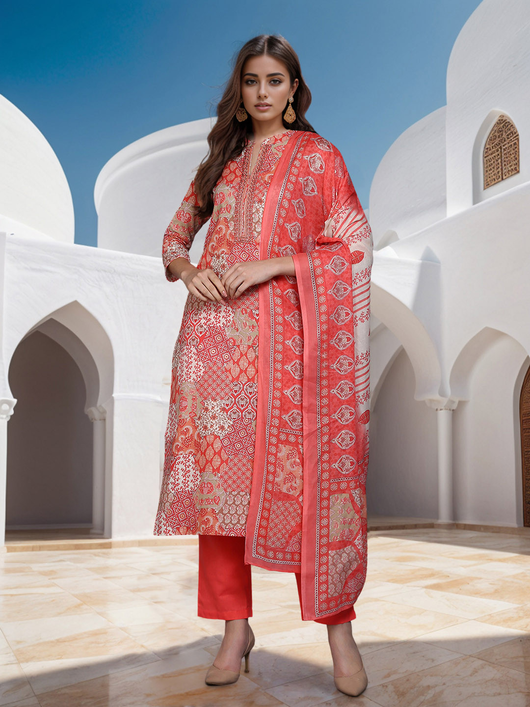 

AHIKA Peach-Color & White Ethnic Motifs Printed Pure Cotton Kurta with Trousers & Dupatta