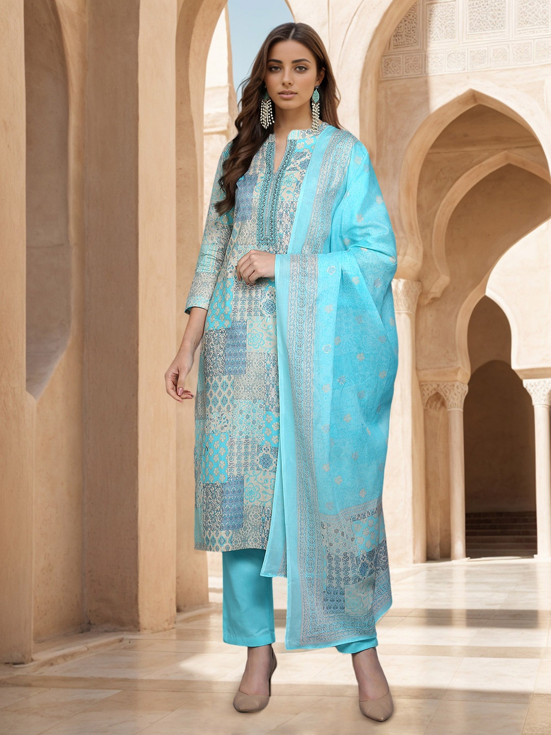 

AHIKA Blue & Gold-Toned Ethnic Motifs Printed Pure Cotton Kurta with Trousers & Dupatta