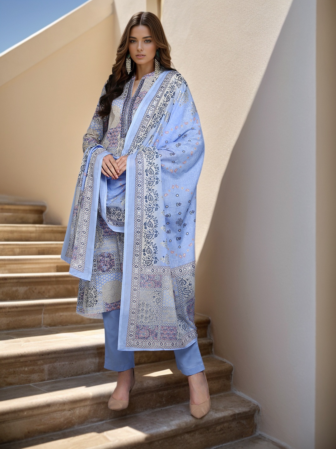 

AHIKA Blue & Off-White Floral Printed Pure Cotton Kurta with Trousers & Dupatta