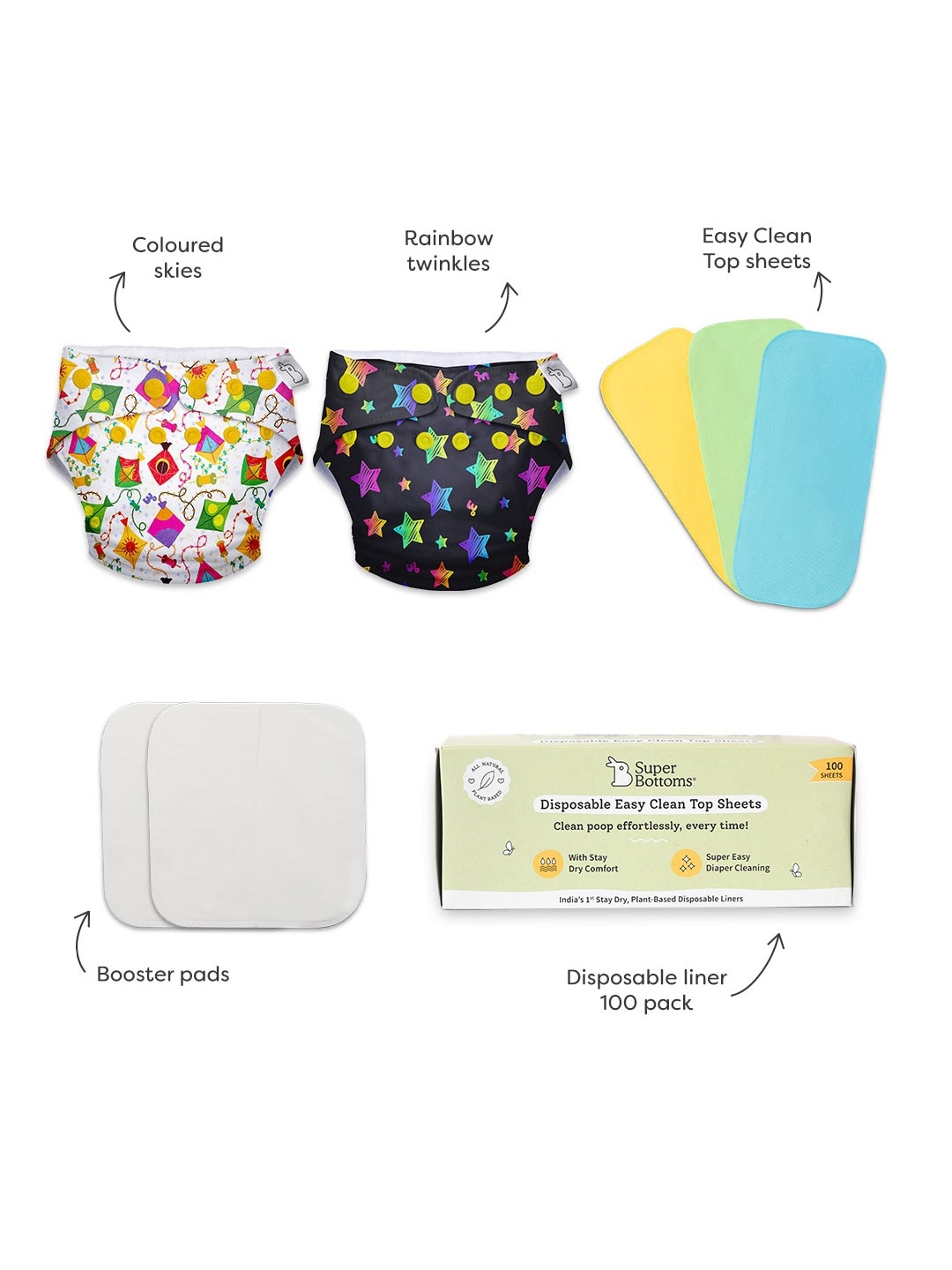 

SuperBottoms Kids 2 Cloth Diapers+3 Easy Clean Top Sheets+2 Booster Pads+100 Top Sheets, Black