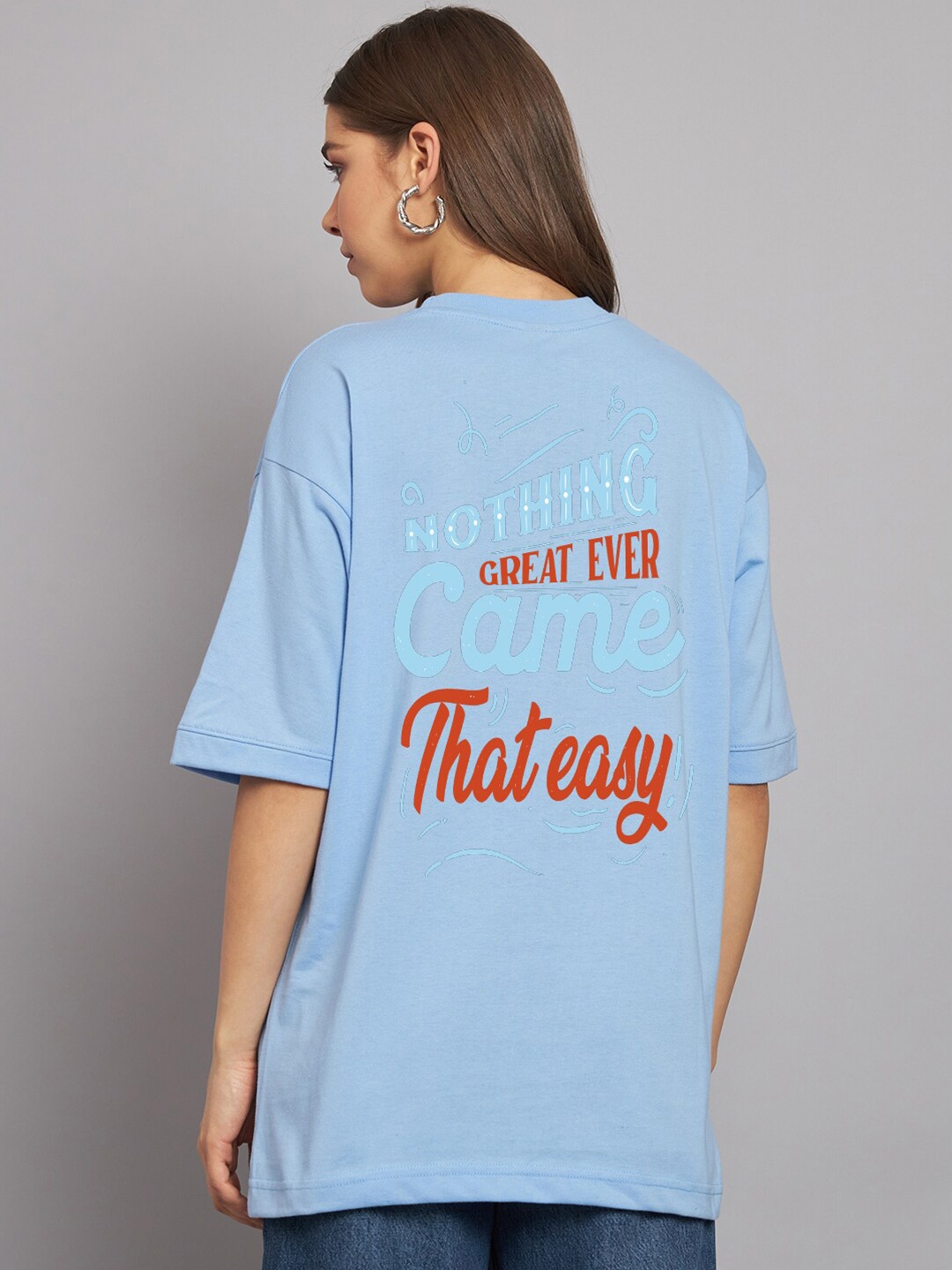 

Imsa Moda Typography Printed Drop Shoulder Sleeves Oversize Cotton Casual T Shirt, Turquoise blue