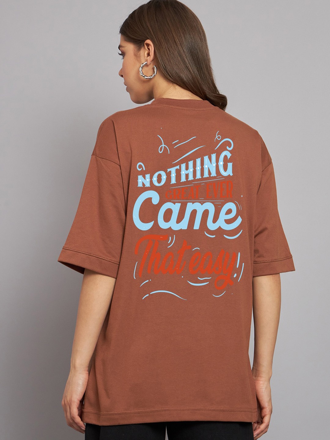 

Imsa Moda Typography Printed Drop Shoulder Sleeves Oversize Cotton Casual T Shirt, Coffee brown