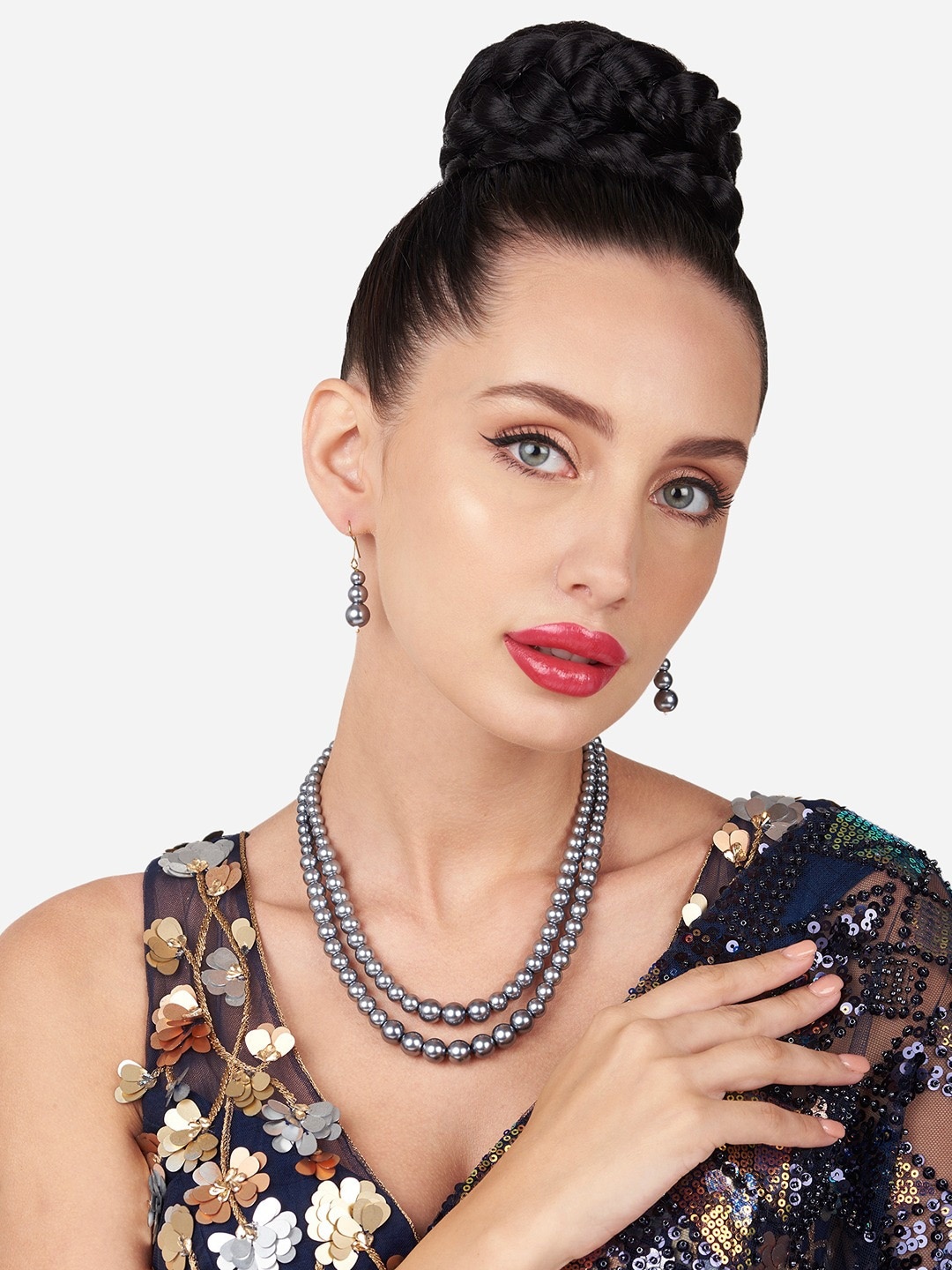 

Zaveri Pearls Gold-Plated Double Layer Long Beaded Necklace & Earrings