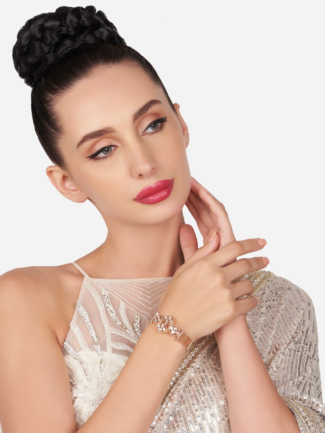 

Zaveri Pearls Women Rose Gold-Plated Cubic Zirconia Kada Bracelet