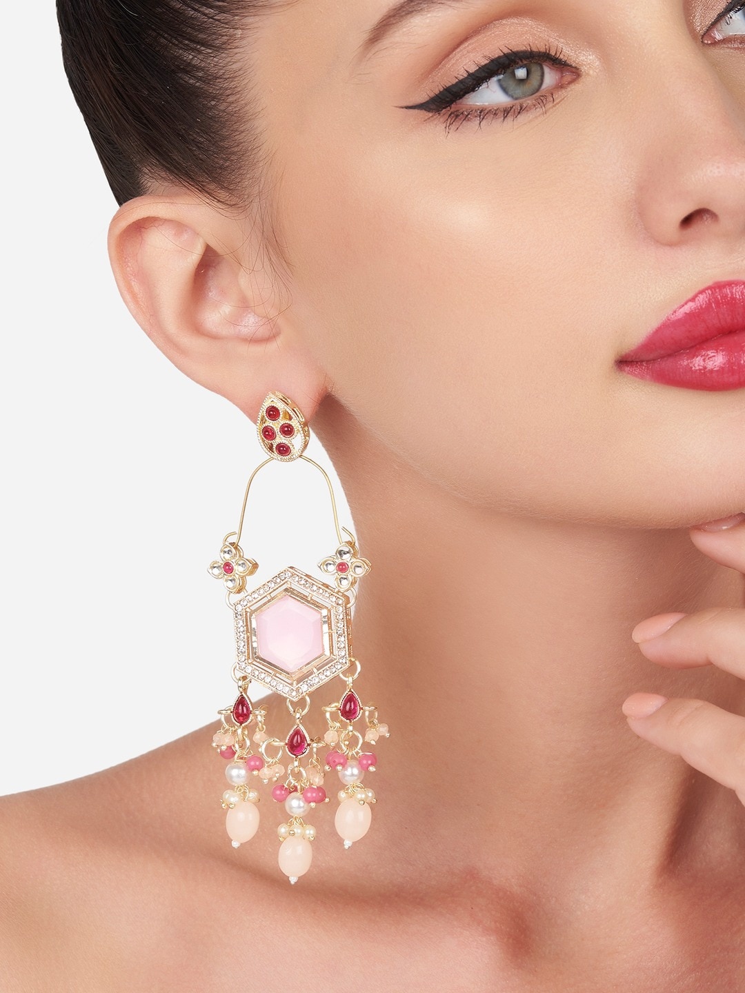 

Zaveri Pearls Gold-Plated Kundan Studded & Beaded Contemporary Drop earrings