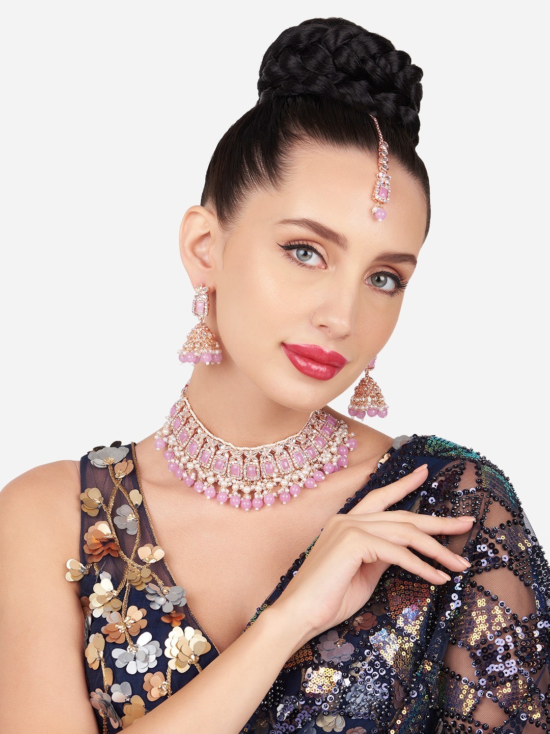 

Zaveri Pearls Gold-Plated Stone Studded & Beaded Necklace & Earrings