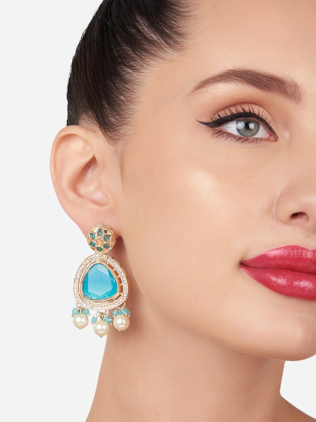 

Zaveri Pearls Gold-Plated Stone-Studded Drop Earrings, Turquoise blue