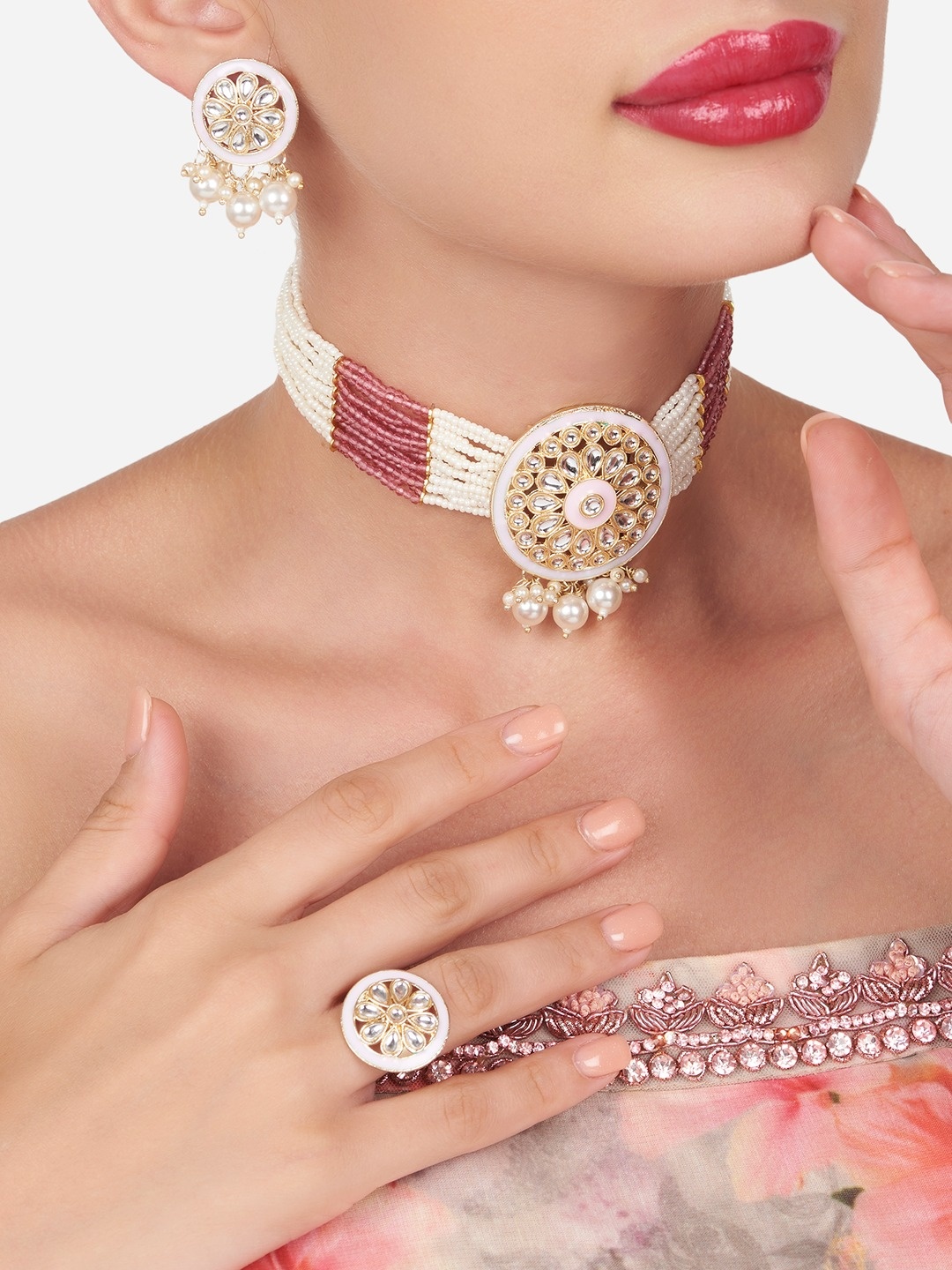 

Zaveri Pearls Gold-Plated Crystal-Studded & Beaded Meenakari Necklace & Earrings