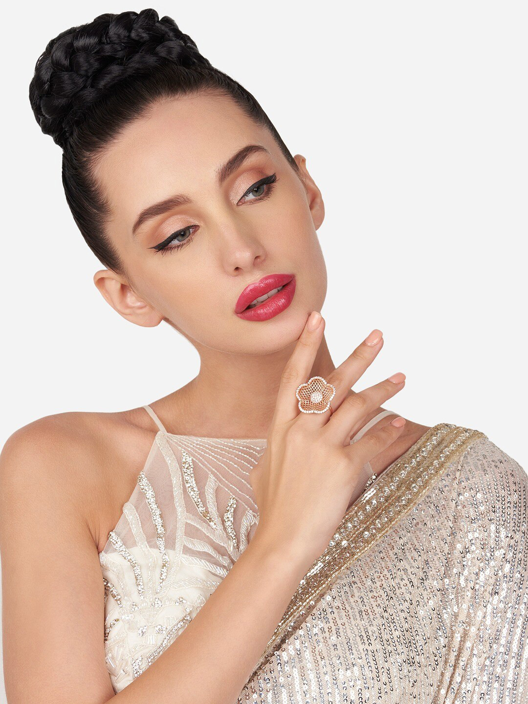 

Zaveri Pearls Rose Gold-Plated & CZ Stone-Studded Adjustable Finger Ring