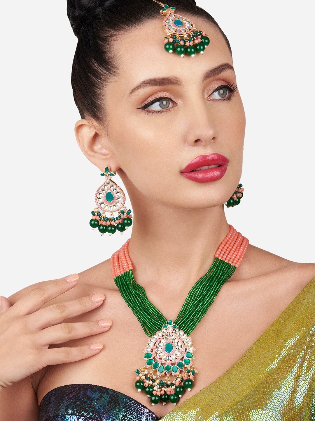

Zaveri Pearls Gold-Plated Stone-Studded & Beaded Jewellery Set