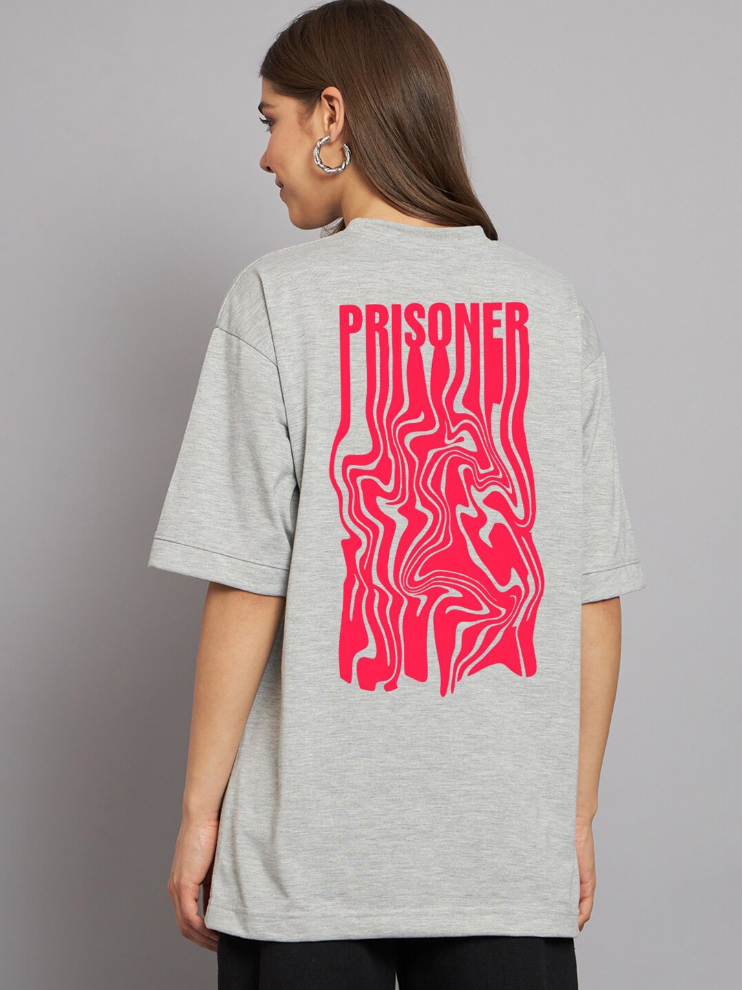 

Imsa Moda Graphic Printed Drop-Shoulder Sleeves Cotton Oversized T-shirt, Grey