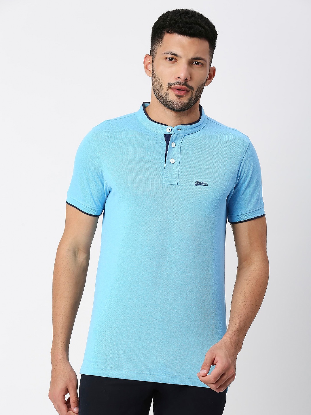 

Basics Mandarin Collar Pure Cotton Slim Fit T-Shirt, Blue