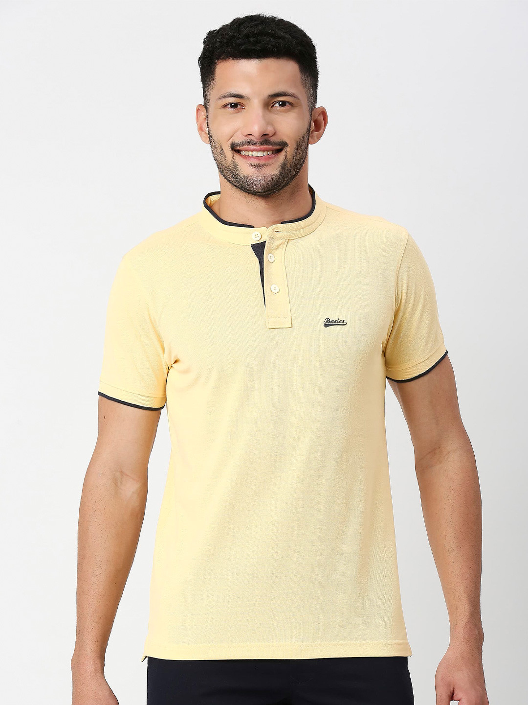 

Basics Mandarin Collar Pure Cotton Slim Fit T-Shirt, Yellow