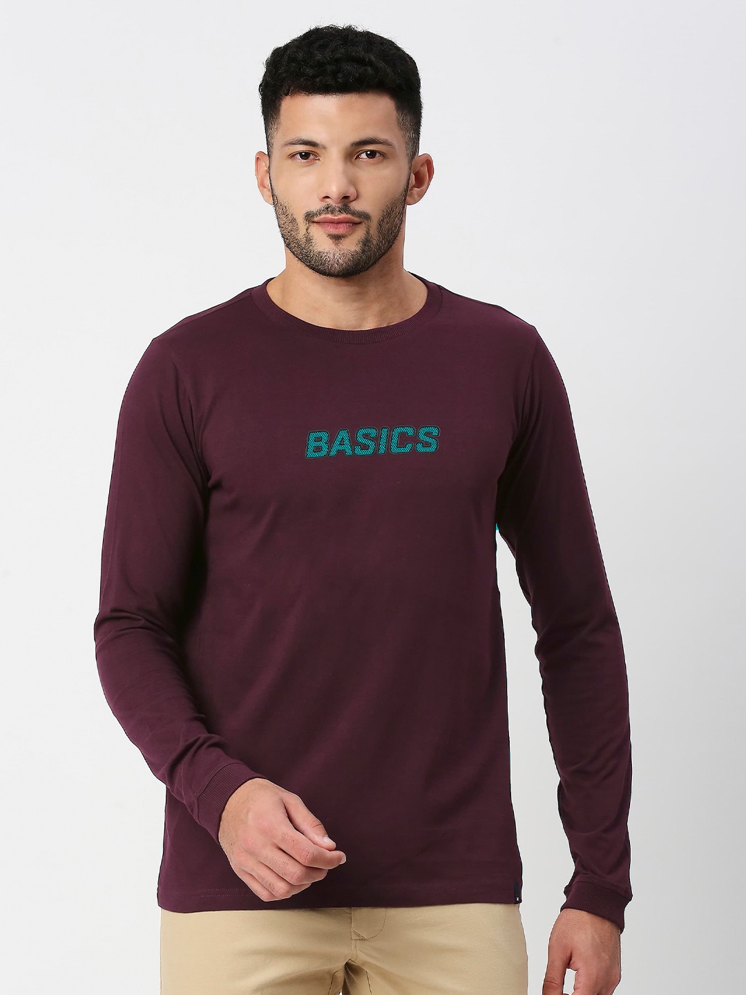 

Basics Typography Printed Long Sleeve Pure Cotton Slim Fit T-Shirt, Purple
