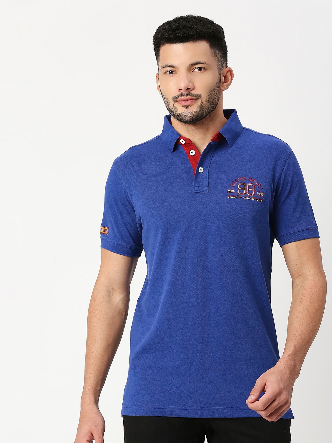 

Basics Polo Collar Embroidered Pure Cotton Slim Fit T-Shirt, Blue