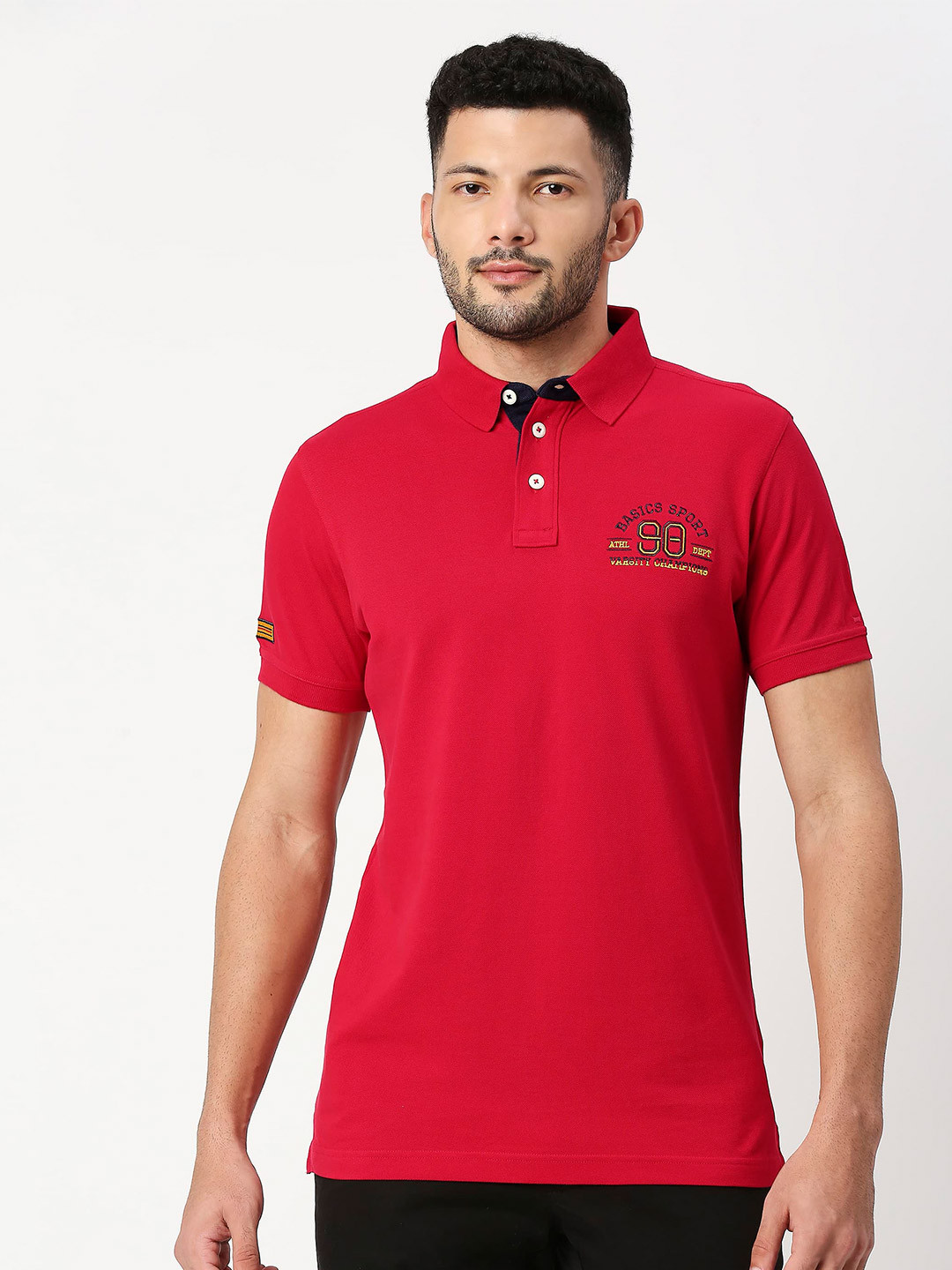 

Basics Polo Collar Embroidered Pure Cotton Slim Fit T-Shirt, Red