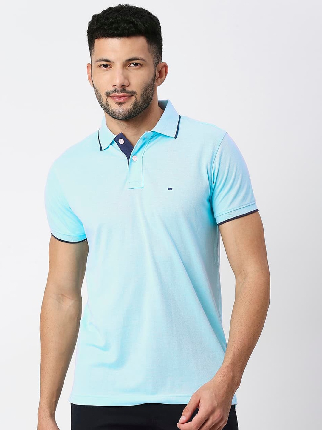 

Basics Polo Collar Embroidered Pure Cotton Slim Fit T-Shirt, Blue