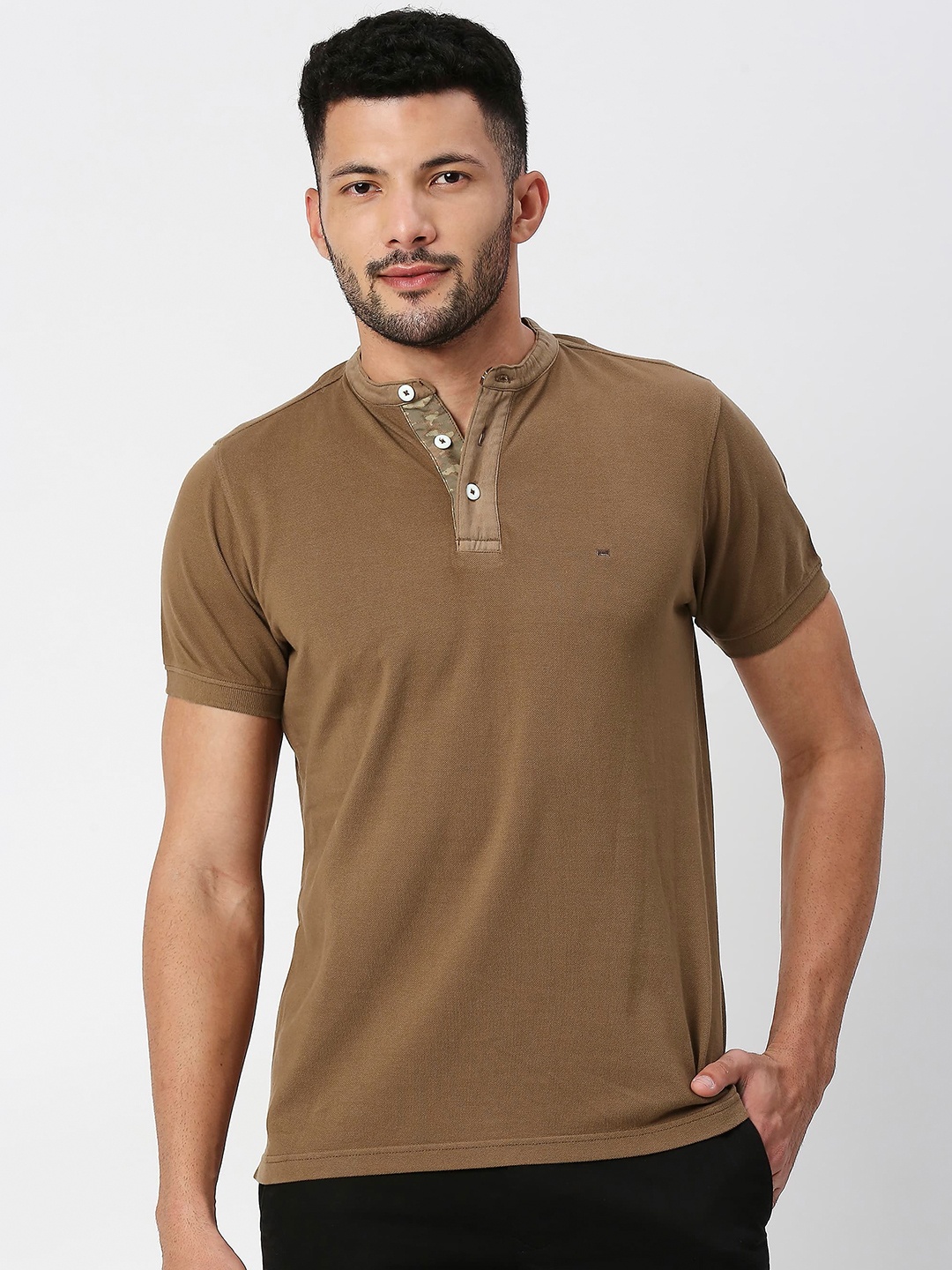 

Basics Mandarin Collar Pure Cotton Slim Fit T-Shirt, Brown