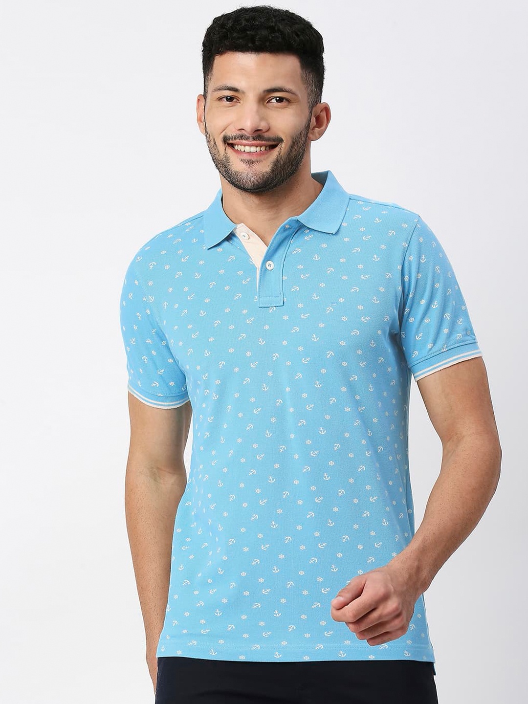 

Basics Geometric Printed Polo Collar Pure Cotton Slim Fit T-Shirt, Blue