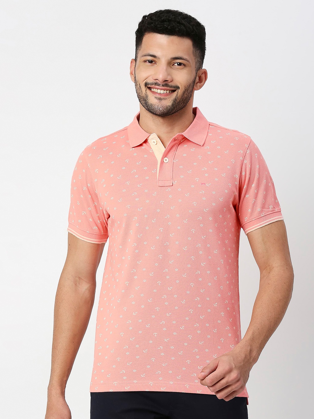 

Basics Conversational Printed Polo Collar Cotton Slim Fit T-shirt, Pink