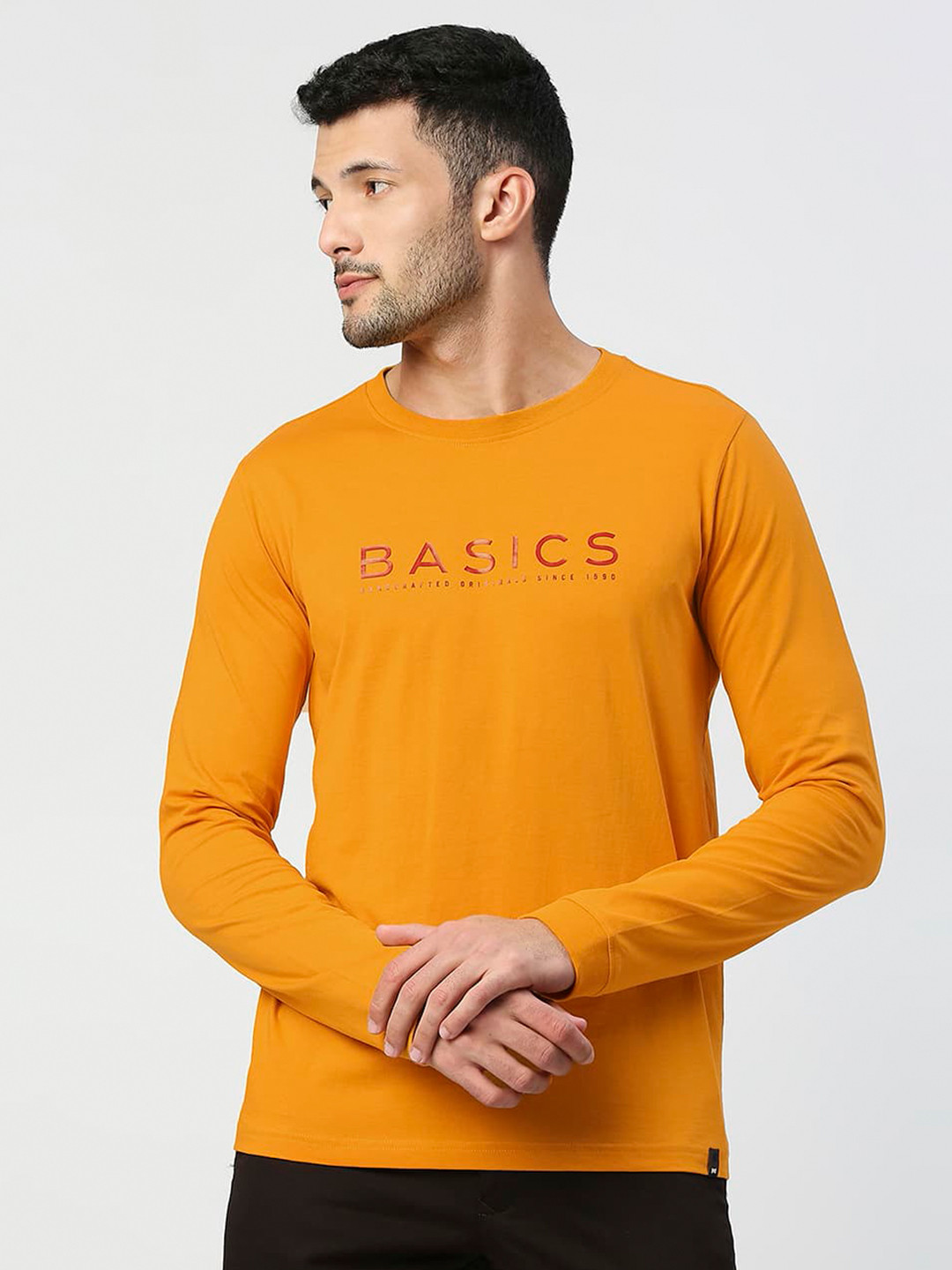 

Basics Typography Printed Cotton Slim Fit T-shirt, Yellow