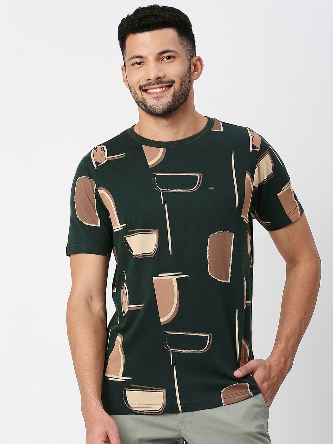 

Basics Abstract Printed Cotton Slim Fit T-shirt, Green