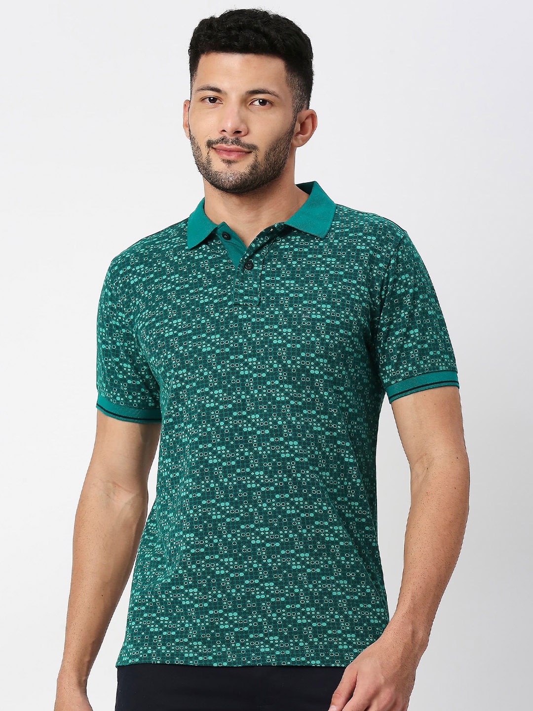 

Basics Geometric Printed Polo Collar Cotton Slim Fit T-shirt, Green