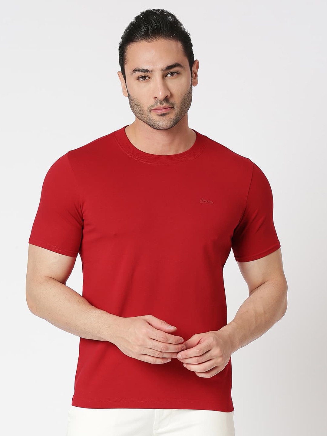 

Basics Round Neck Cotton Slim Fit T-shirt, Red